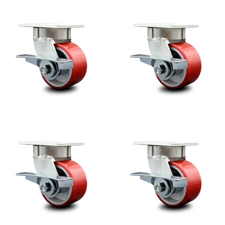 Service Caster 4 Inch Kingpinless Red Poly on Steel Wheel Swivel Caster Set with Brakes SCC SCC-KP30S420-PUR-RS-SLB-4